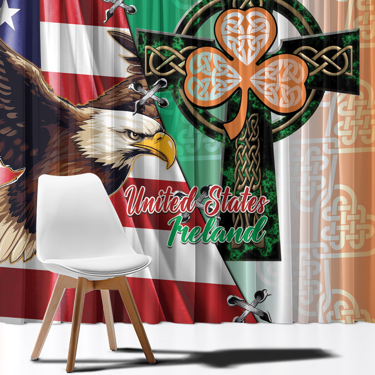 United States And Ireland Window Curtain USA Eagle With Irish Celtic Cross - Wonder Print Shop