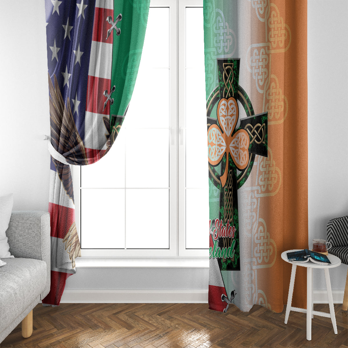United States And Ireland Window Curtain USA Eagle With Irish Celtic Cross - Wonder Print Shop