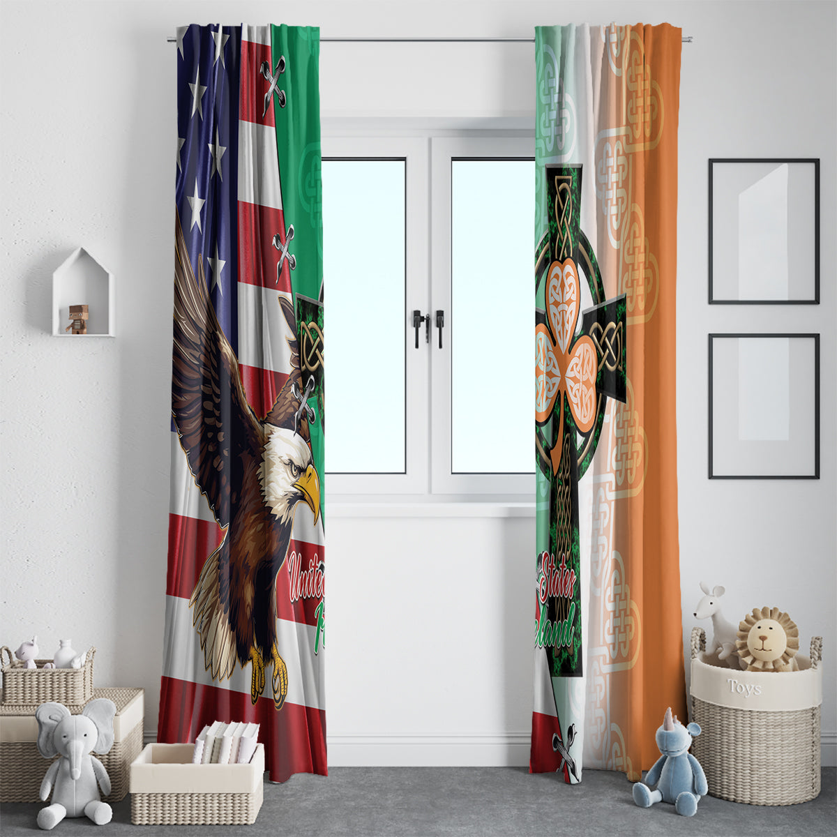 United States And Ireland Window Curtain USA Eagle With Irish Celtic Cross - Wonder Print Shop