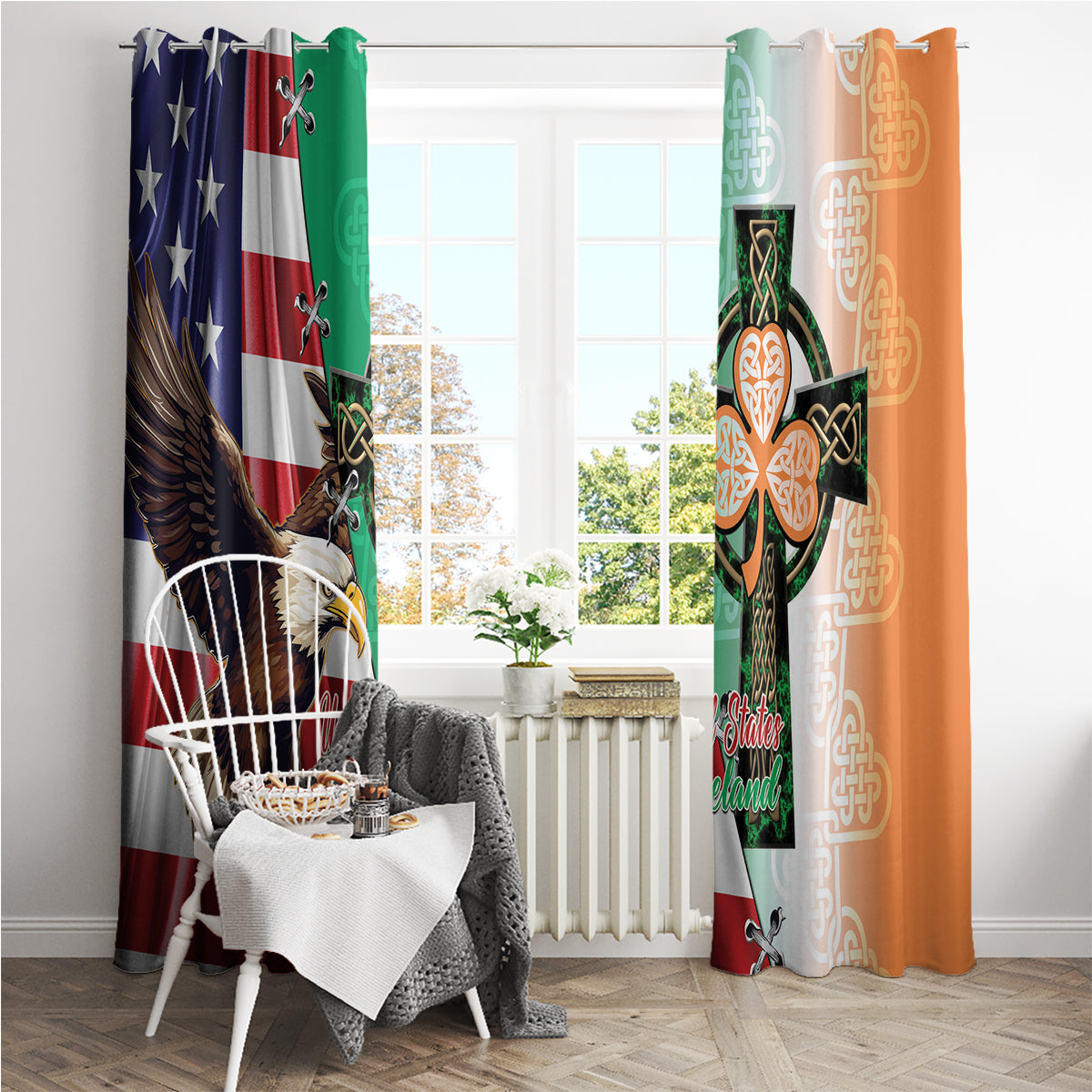 United States And Ireland Window Curtain USA Eagle With Irish Celtic Cross - Wonder Print Shop