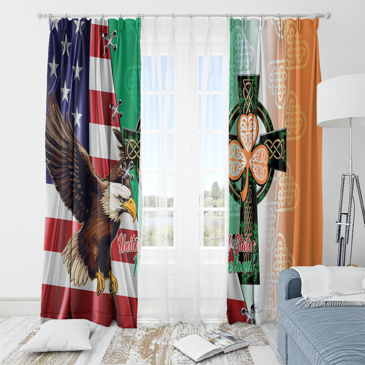 United States And Ireland Window Curtain USA Eagle With Irish Celtic Cross - Wonder Print Shop