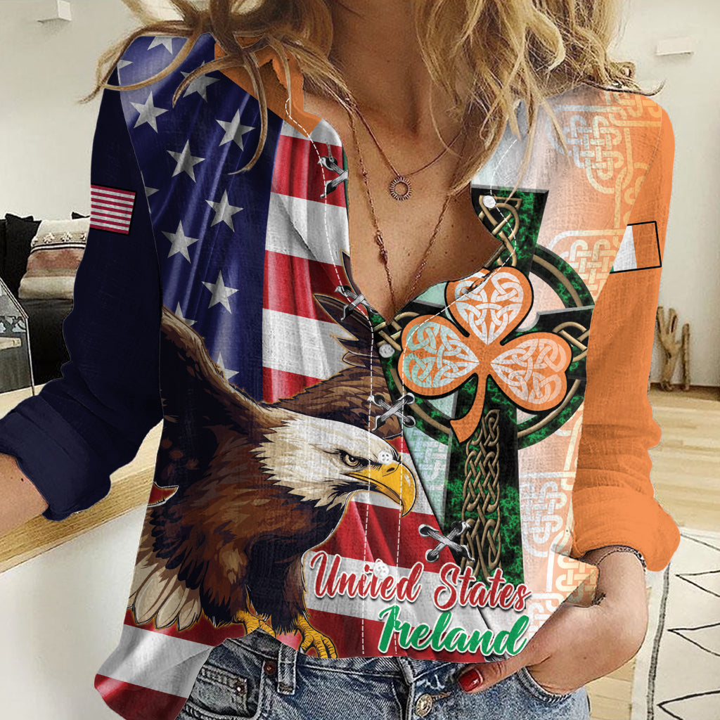 United States And Ireland Women Casual Shirt USA Eagle With Irish Celtic Cross - Wonder Print Shop