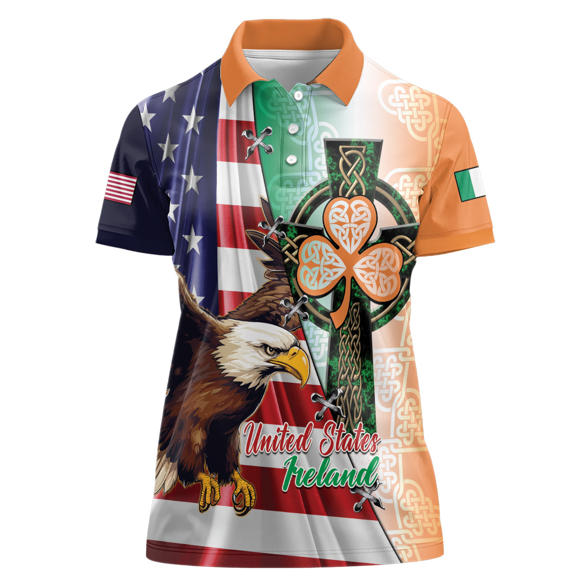 United States And Ireland Women Polo Shirt USA Eagle With Irish Celtic Cross