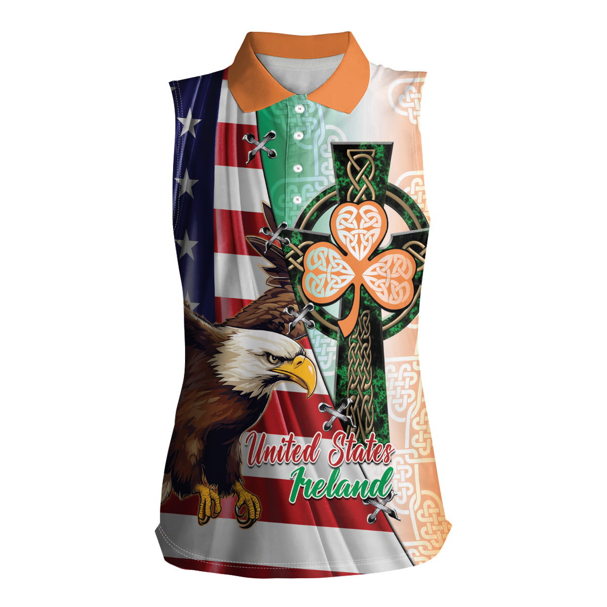 United States And Ireland Women Sleeveless Polo Shirt USA Eagle With Irish Celtic Cross - Wonder Print Shop
