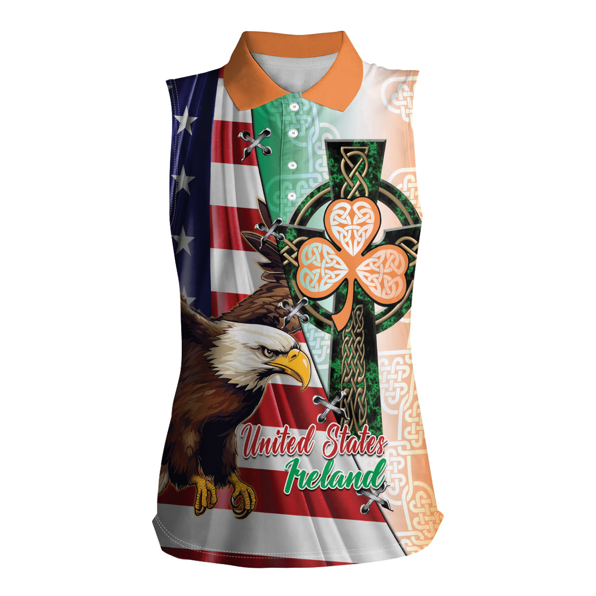 United States And Ireland Women Sleeveless Polo Shirt USA Eagle With Irish Celtic Cross