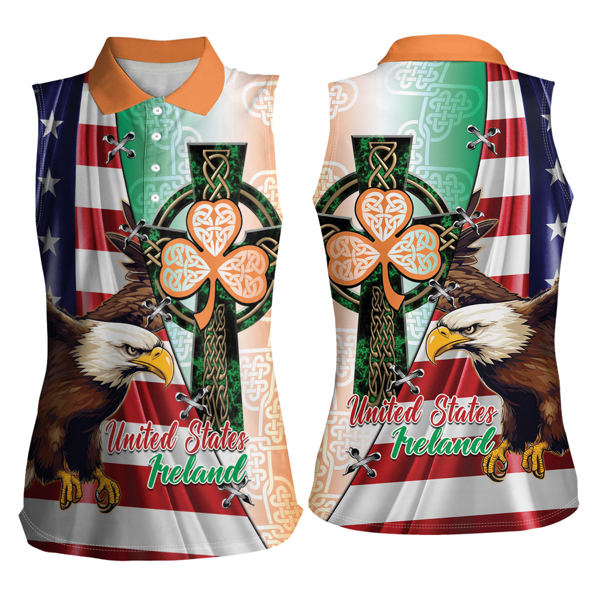 United States And Ireland Women Sleeveless Polo Shirt USA Eagle With Irish Celtic Cross - Wonder Print Shop