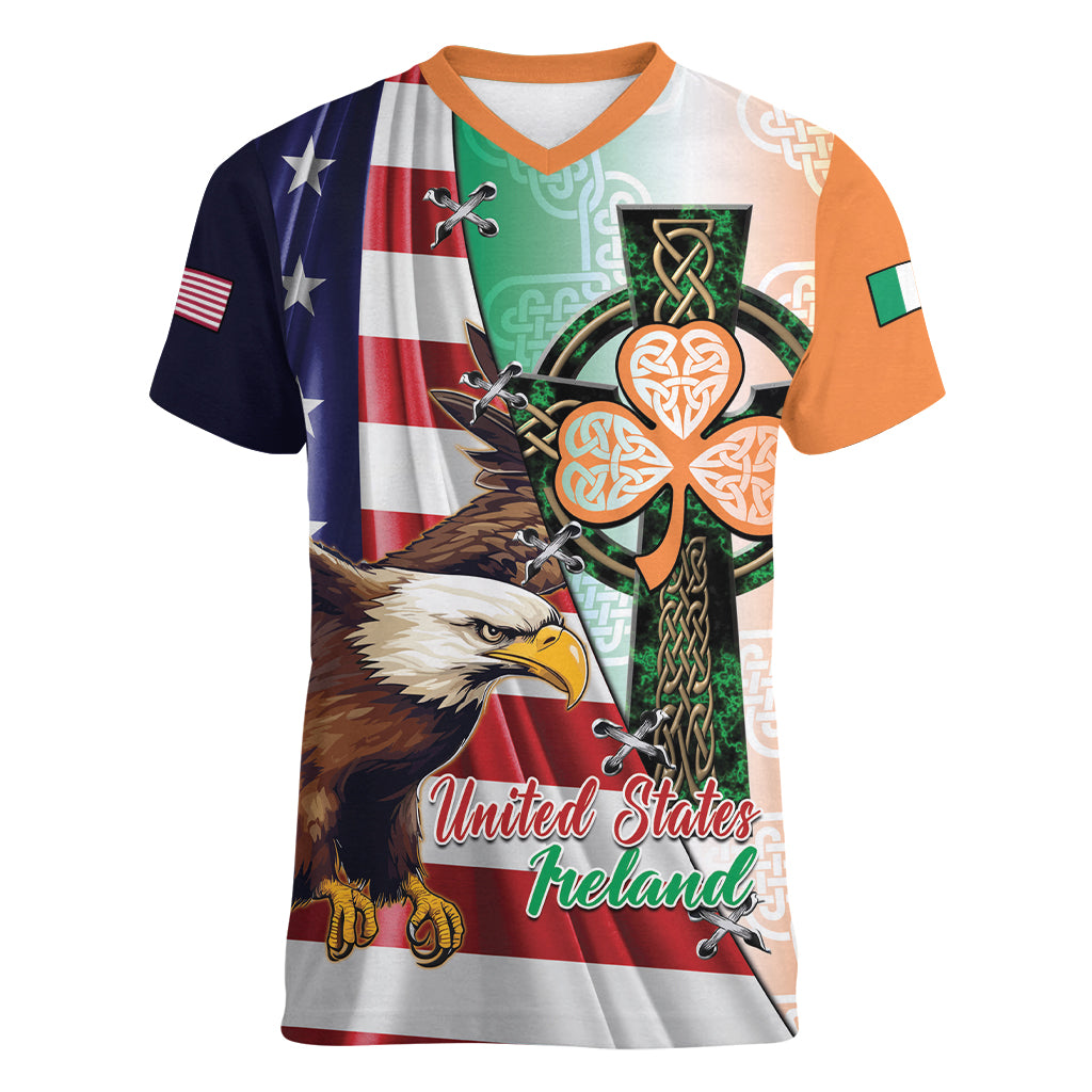 United States And Ireland Women V-Neck T-Shirt USA Eagle With Irish Celtic Cross - Wonder Print Shop