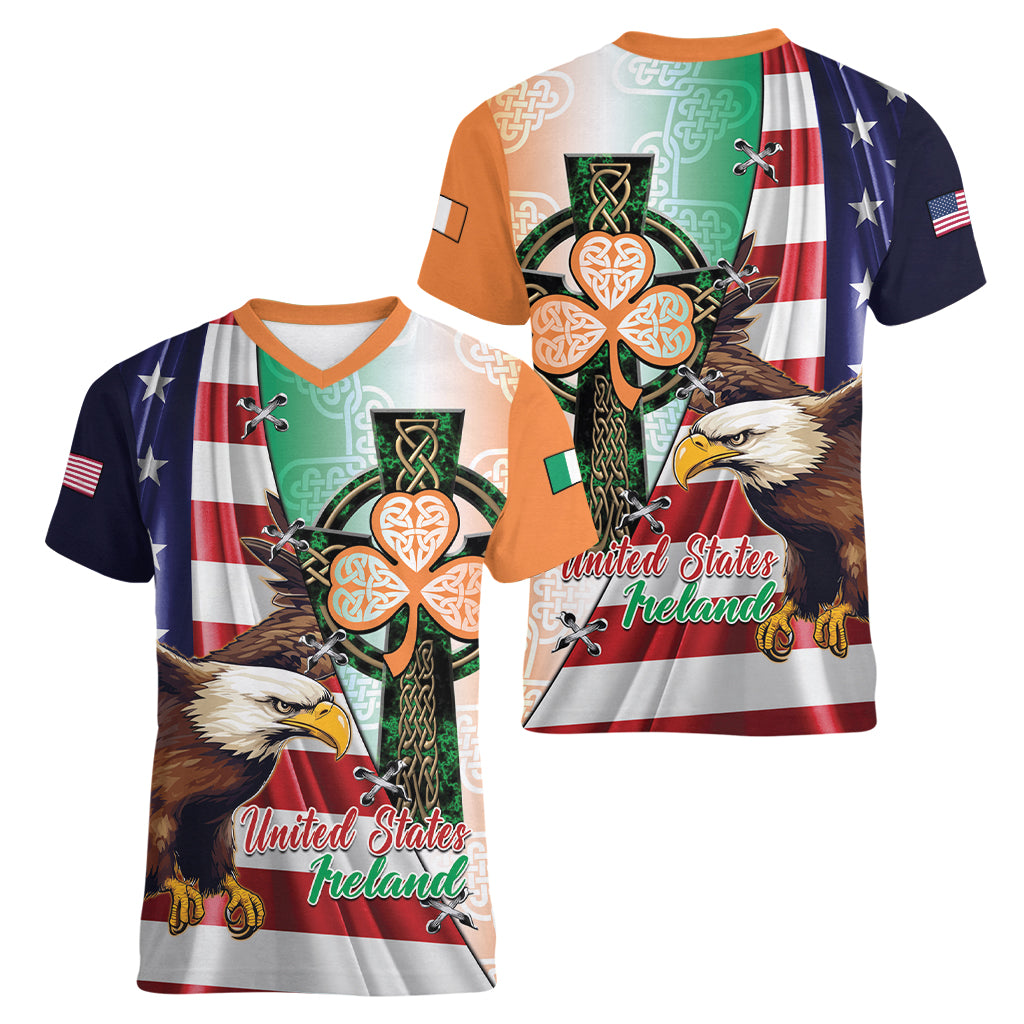 United States And Ireland Women V-Neck T-Shirt USA Eagle With Irish Celtic Cross - Wonder Print Shop