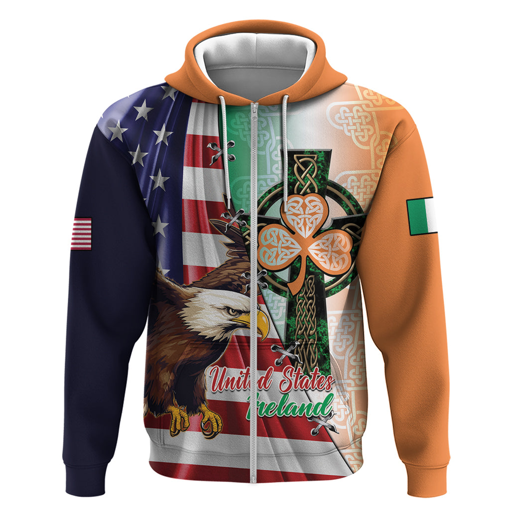 United States And Ireland Zip Hoodie USA Eagle With Irish Celtic Cross