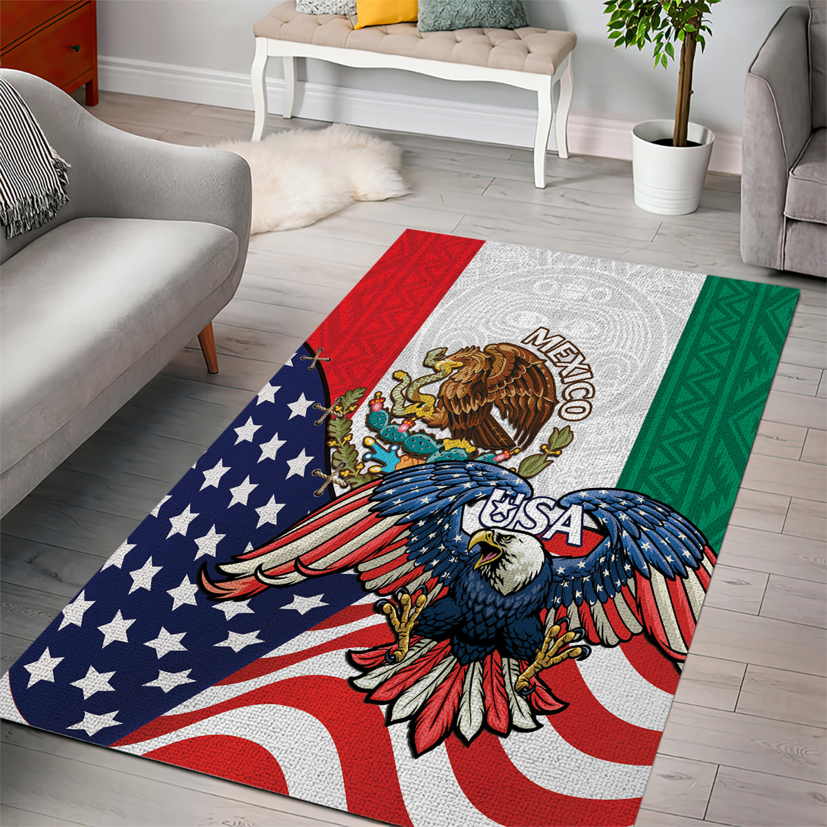 United States And Mexico Area Rug USA Eagle With Mexican Aztec - Wonder Print Shop