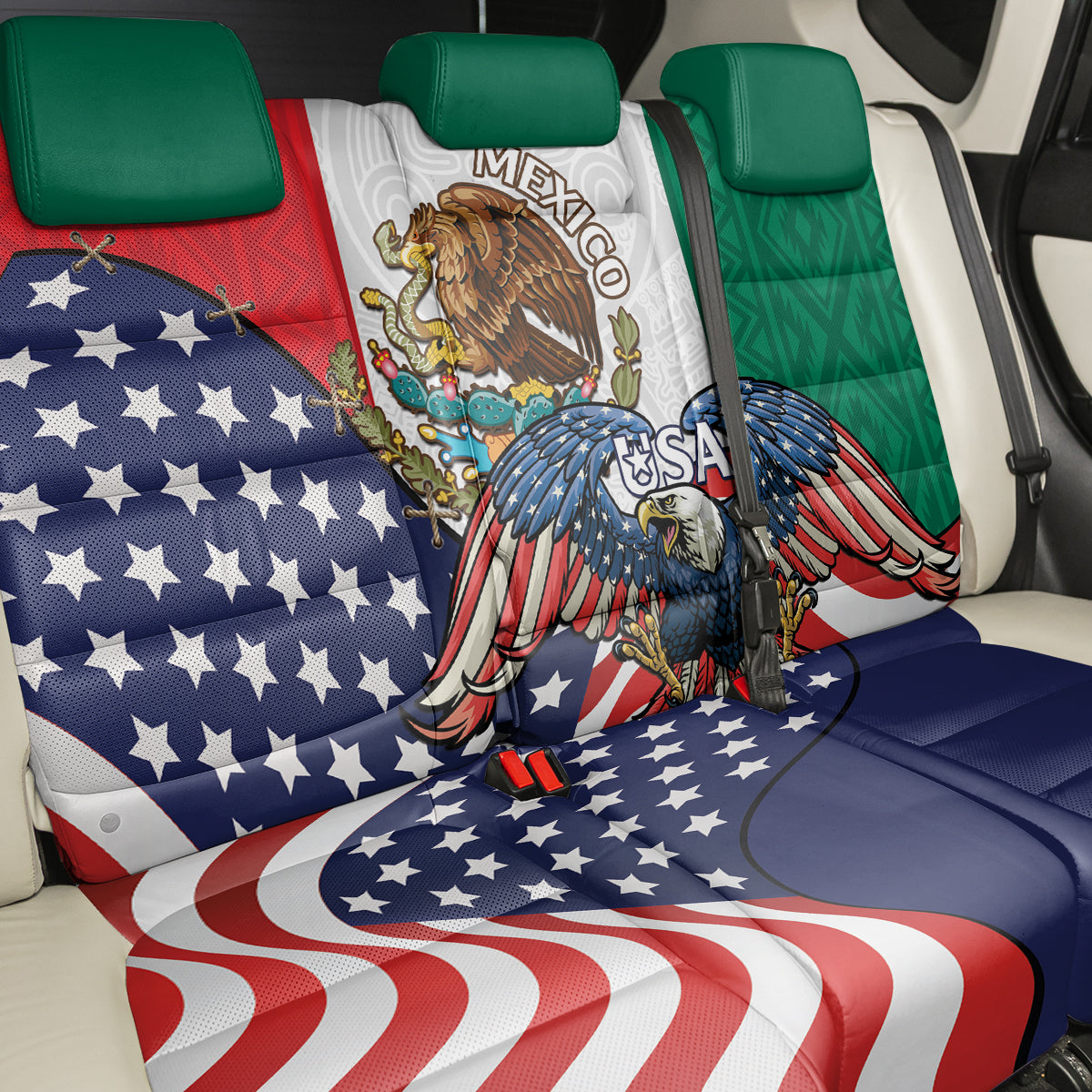 United States And Mexico Back Car Seat Cover USA Eagle With Mexican Aztec - Wonder Print Shop