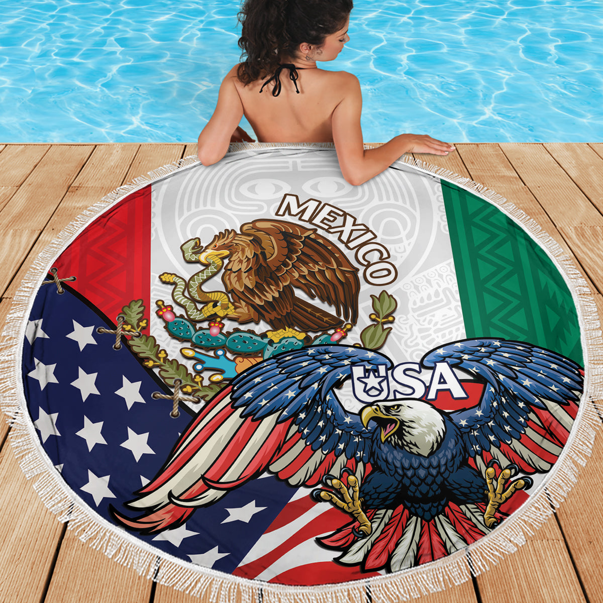 United States And Mexico Beach Blanket USA Eagle With Mexican Aztec - Wonder Print Shop