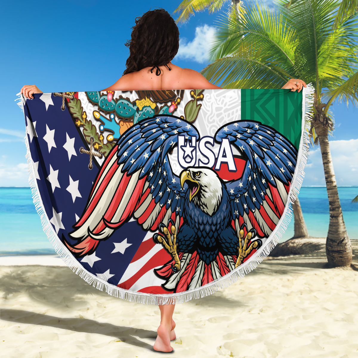 United States And Mexico Beach Blanket USA Eagle With Mexican Aztec - Wonder Print Shop