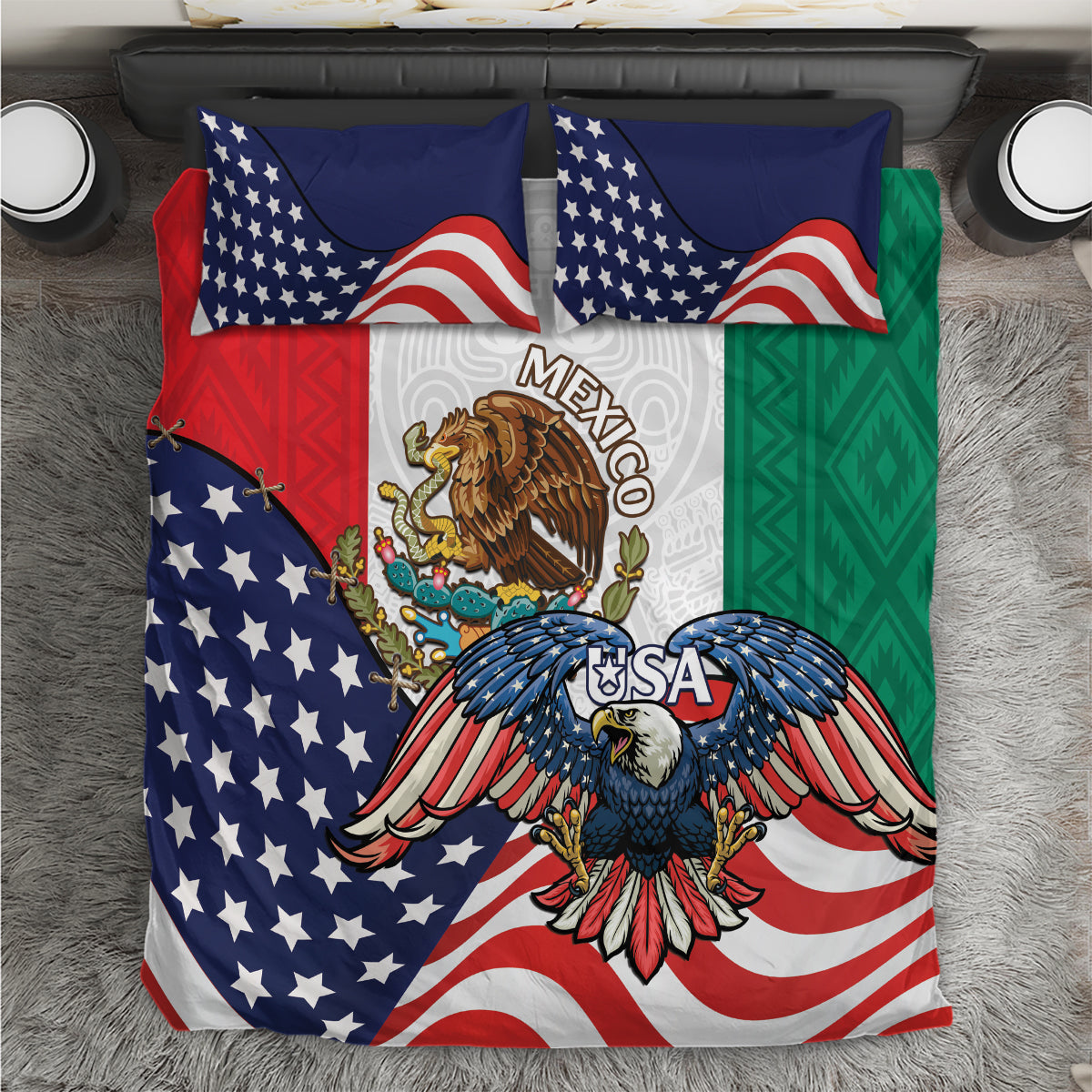 United States And Mexico Bedding Set USA Eagle With Mexican Aztec - Wonder Print Shop