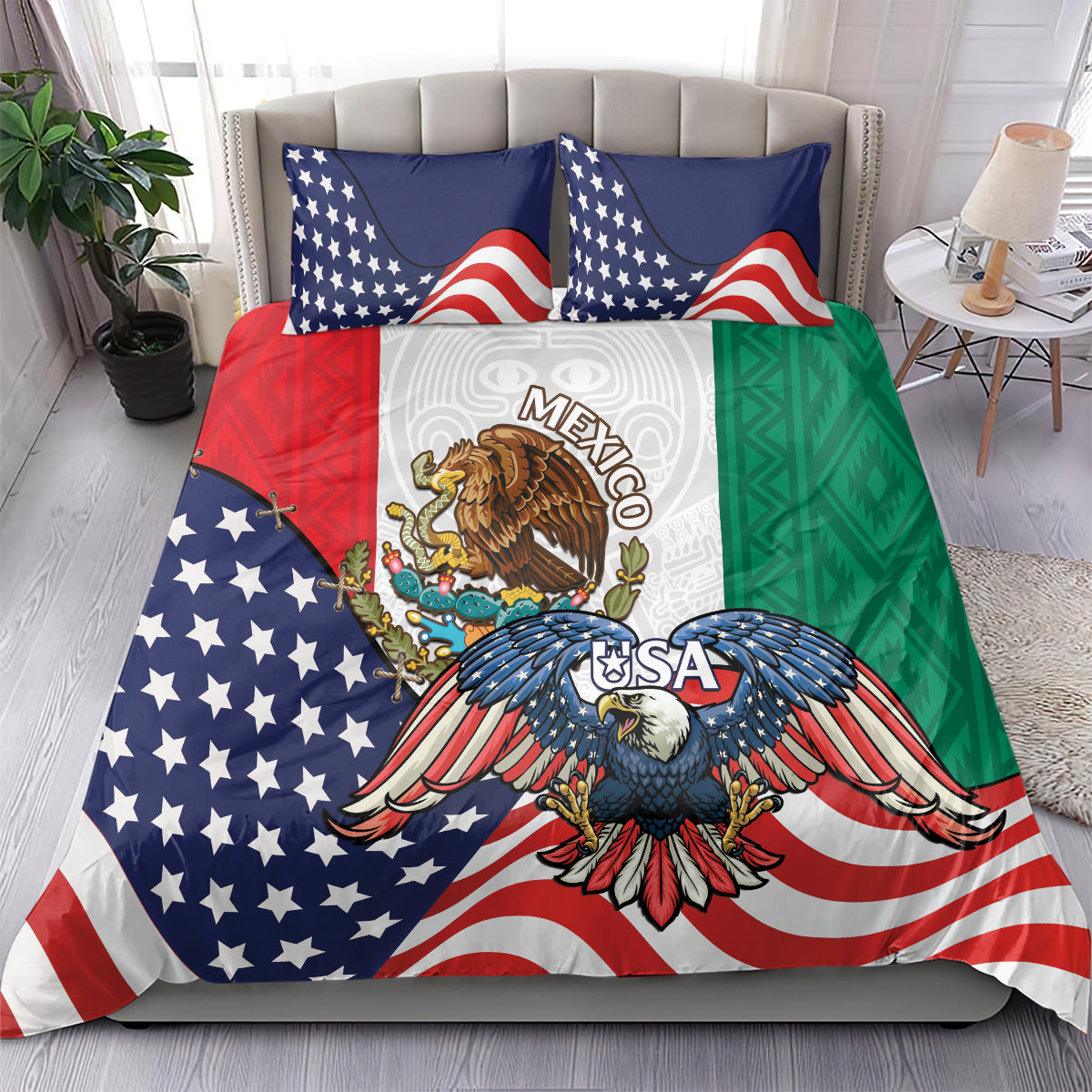 United States And Mexico Bedding Set USA Eagle With Mexican Aztec - Wonder Print Shop