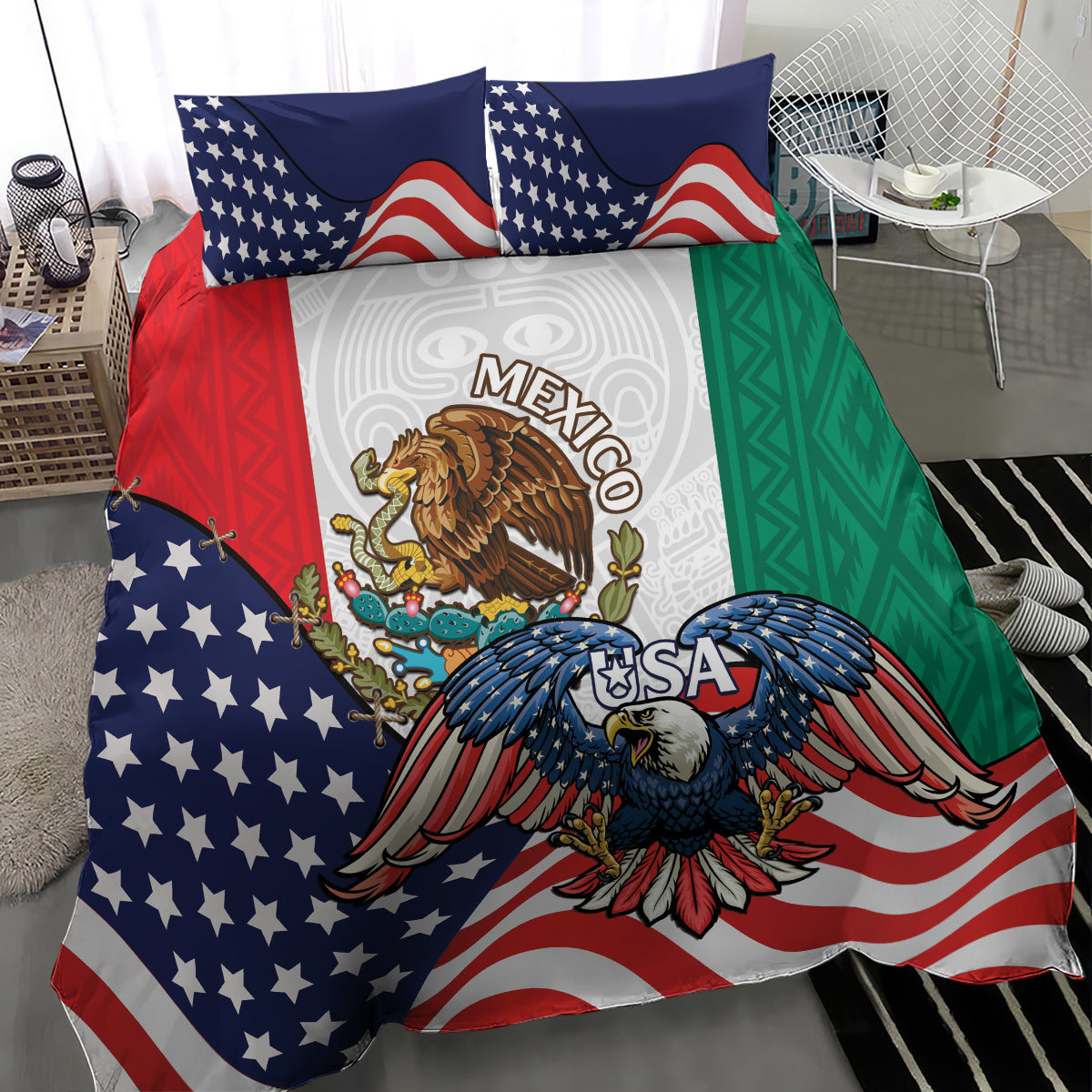 United States And Mexico Bedding Set USA Eagle With Mexican Aztec - Wonder Print Shop