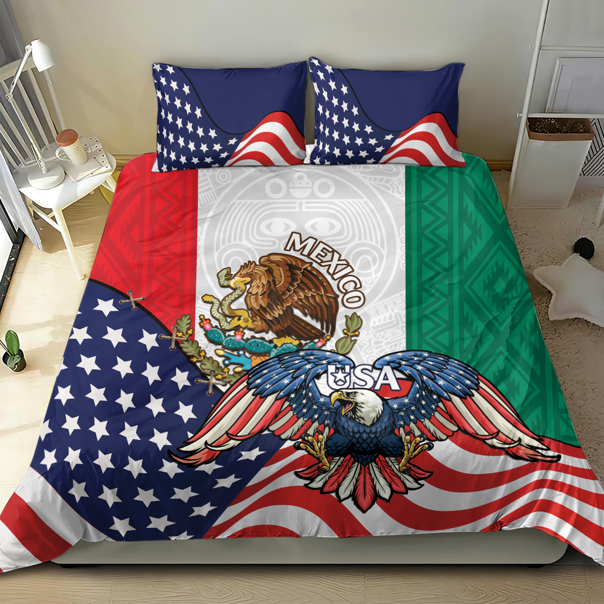 United States And Mexico Bedding Set USA Eagle With Mexican Aztec - Wonder Print Shop