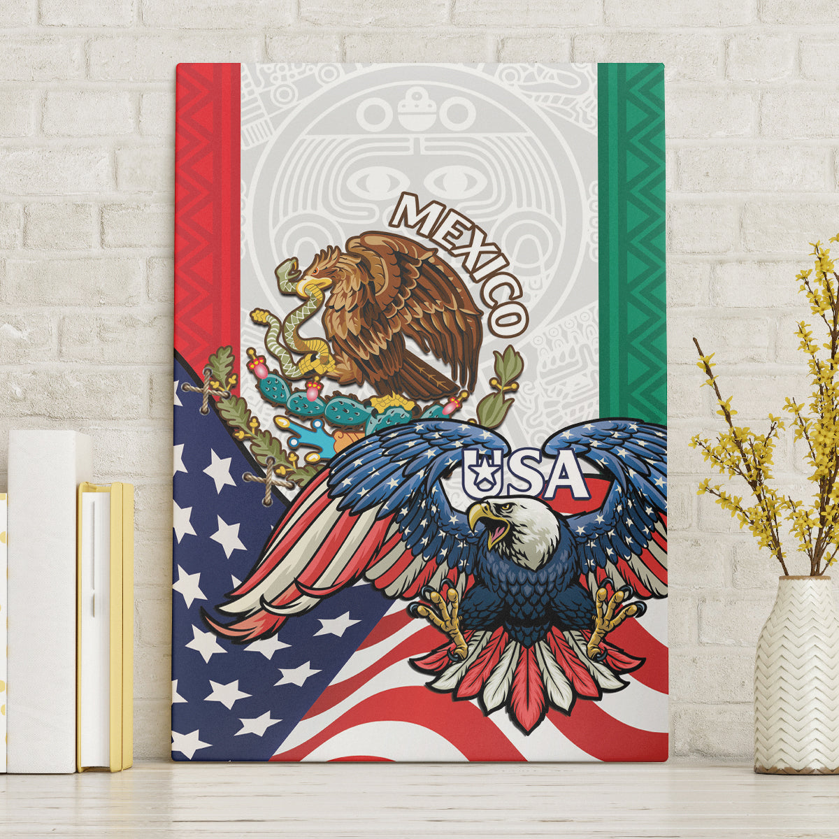 United States And Mexico Canvas Wall Art USA Eagle With Mexican Aztec - Wonder Print Shop