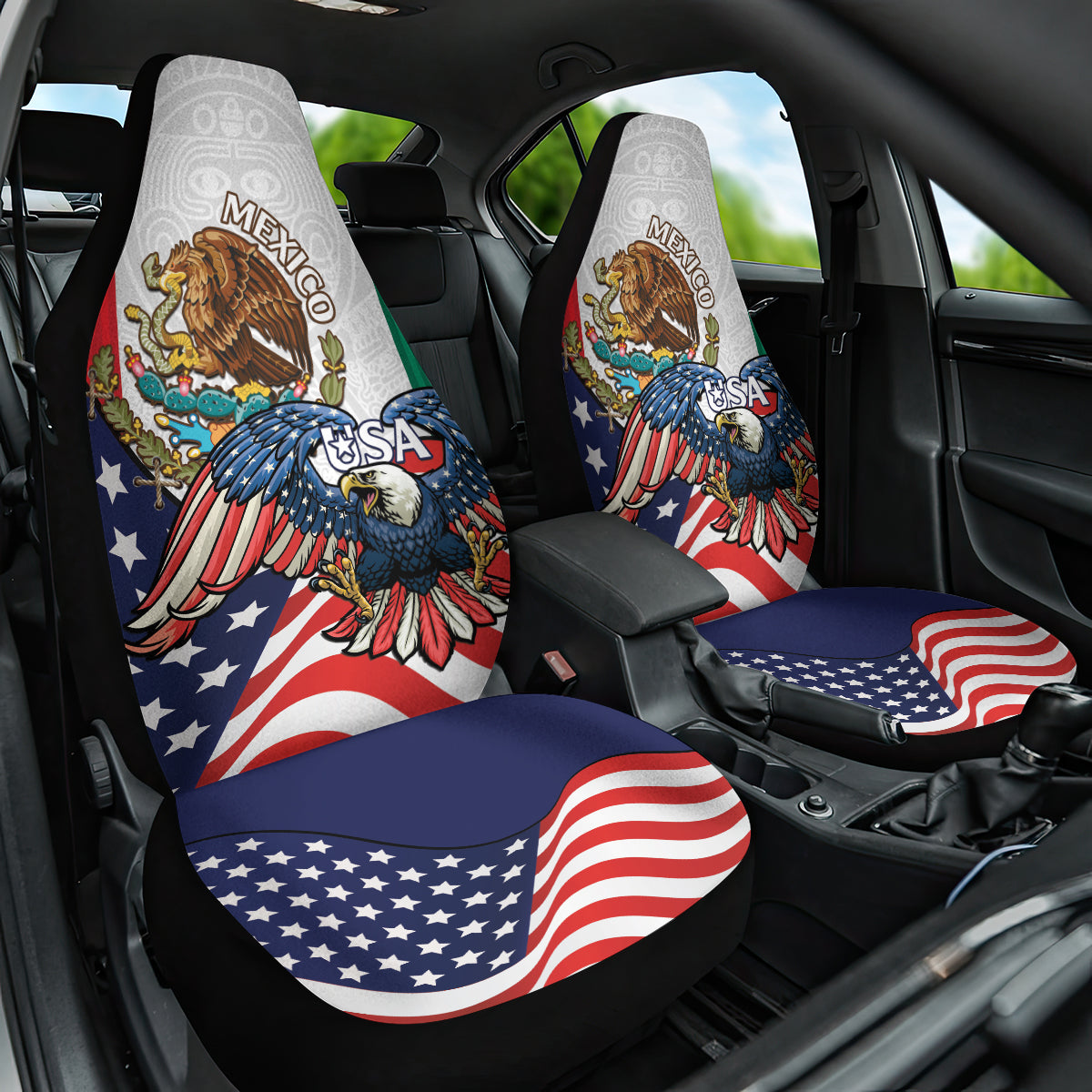 United States And Mexico Car Seat Cover USA Eagle With Mexican Aztec - Wonder Print Shop