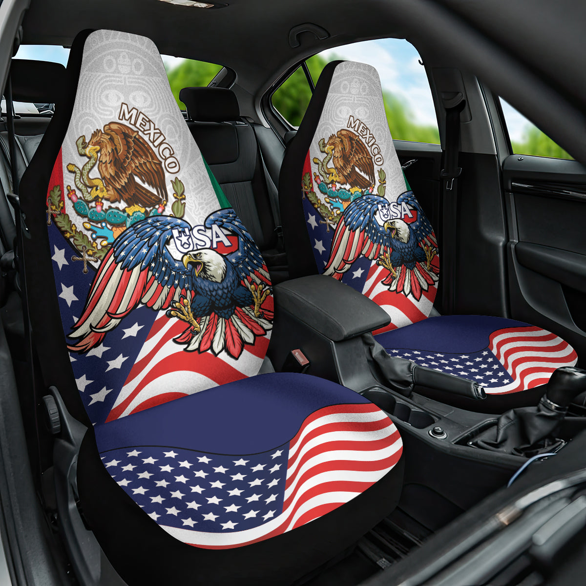 United States And Mexico Car Seat Cover USA Eagle With Mexican Aztec