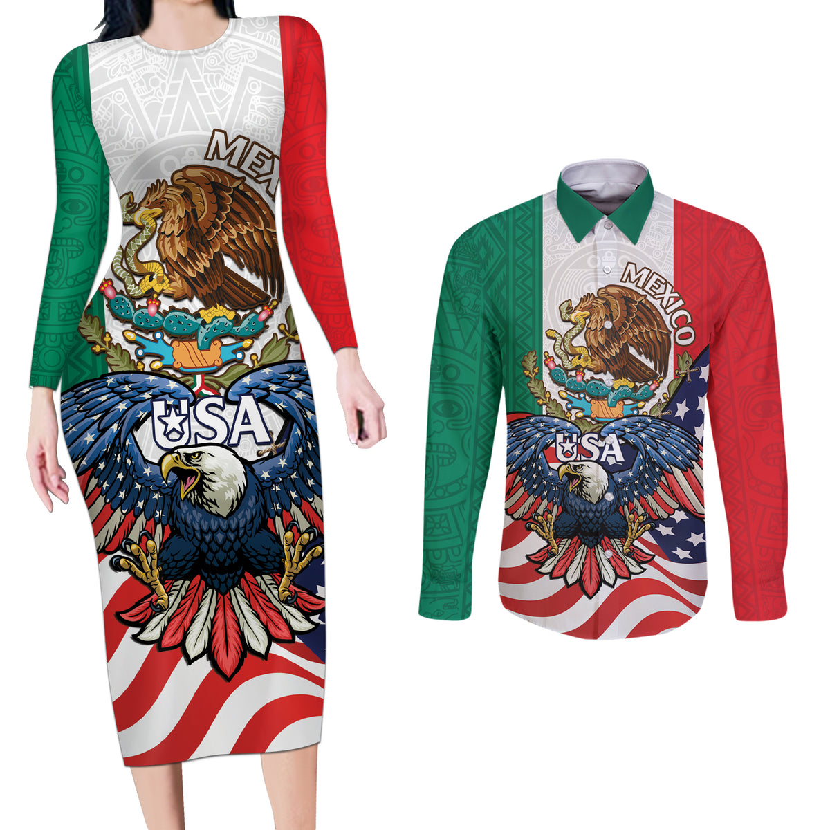 United States And Mexico Couples Matching Long Sleeve Bodycon Dress and Long Sleeve Button Shirt USA Eagle With Mexican Aztec - Wonder Print Shop