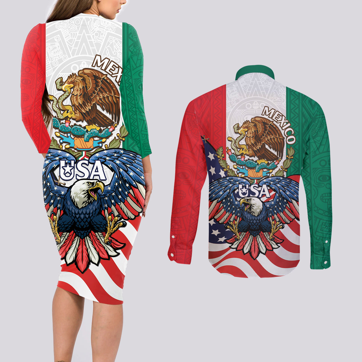 United States And Mexico Couples Matching Long Sleeve Bodycon Dress and Long Sleeve Button Shirt USA Eagle With Mexican Aztec - Wonder Print Shop