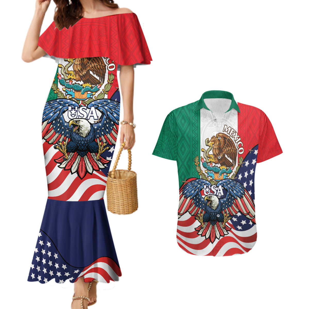 United States And Mexico Couples Matching Mermaid Dress and Hawaiian Shirt USA Eagle With Mexican Aztec - Wonder Print Shop