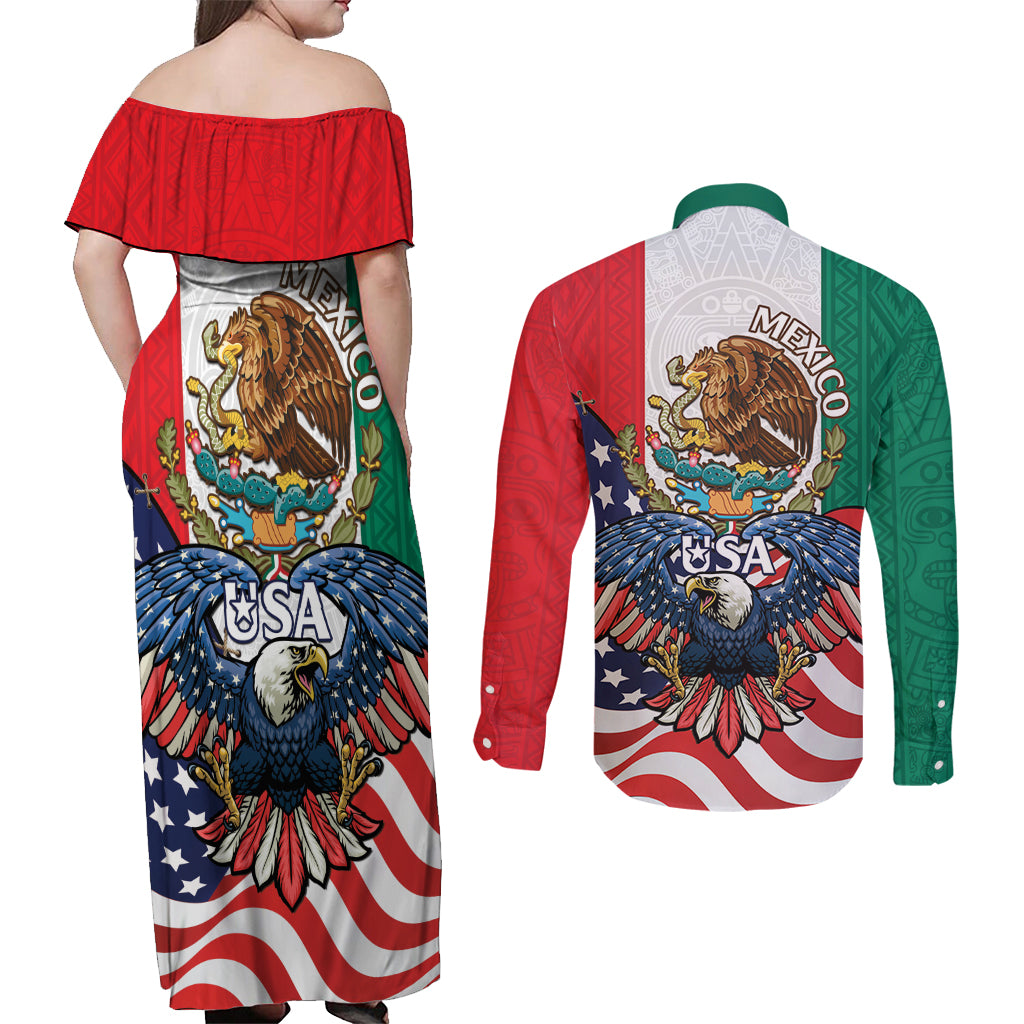 United States And Mexico Couples Matching Off Shoulder Maxi Dress and Long Sleeve Button Shirt USA Eagle With Mexican Aztec - Wonder Print Shop