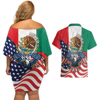 United States And Mexico Couples Matching Off Shoulder Short Dress and Hawaiian Shirt USA Eagle With Mexican Aztec - Wonder Print Shop