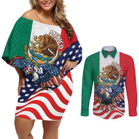 United States And Mexico Couples Matching Off Shoulder Short Dress and Long Sleeve Button Shirt USA Eagle With Mexican Aztec - Wonder Print Shop