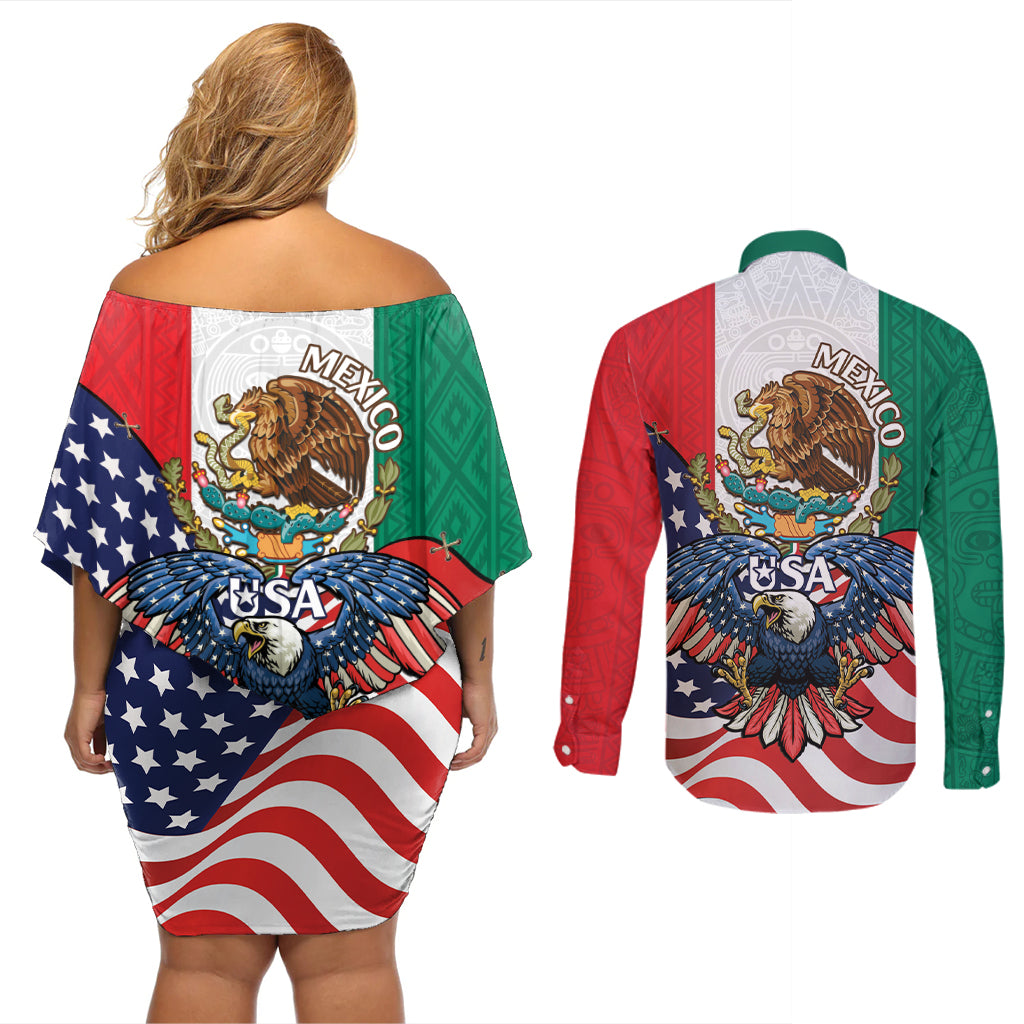 United States And Mexico Couples Matching Off Shoulder Short Dress and Long Sleeve Button Shirt USA Eagle With Mexican Aztec - Wonder Print Shop