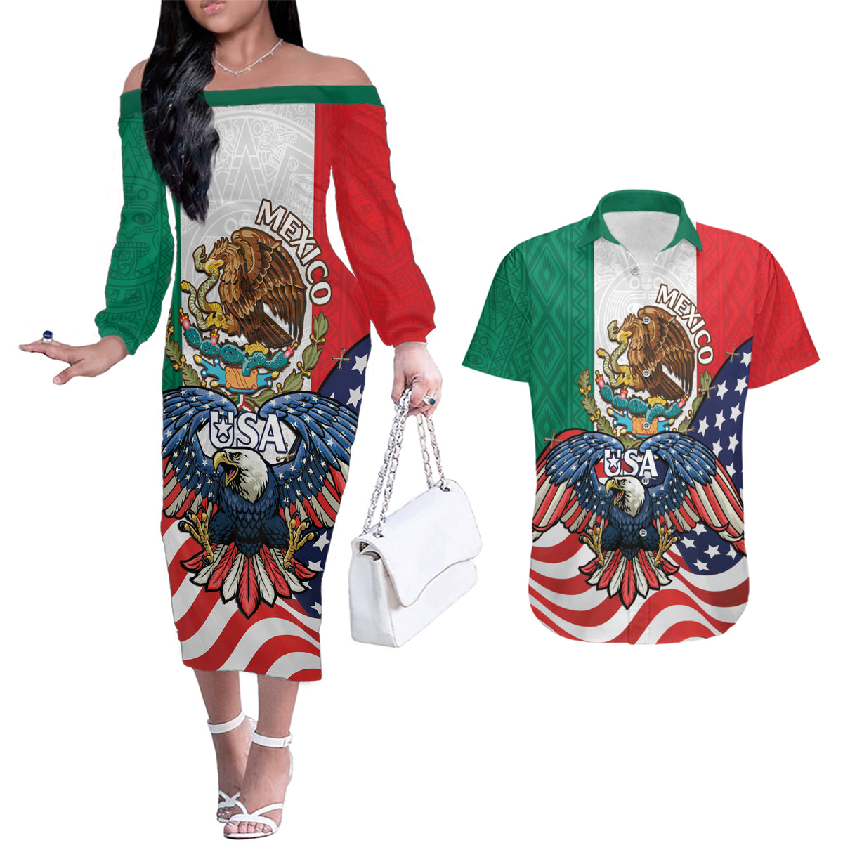 United States And Mexico Couples Matching Off The Shoulder Long Sleeve Dress and Hawaiian Shirt USA Eagle With Mexican Aztec - Wonder Print Shop