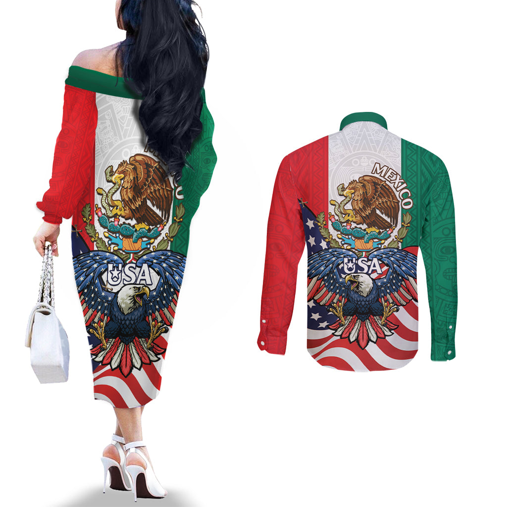 United States And Mexico Couples Matching Off The Shoulder Long Sleeve Dress and Long Sleeve Button Shirt USA Eagle With Mexican Aztec