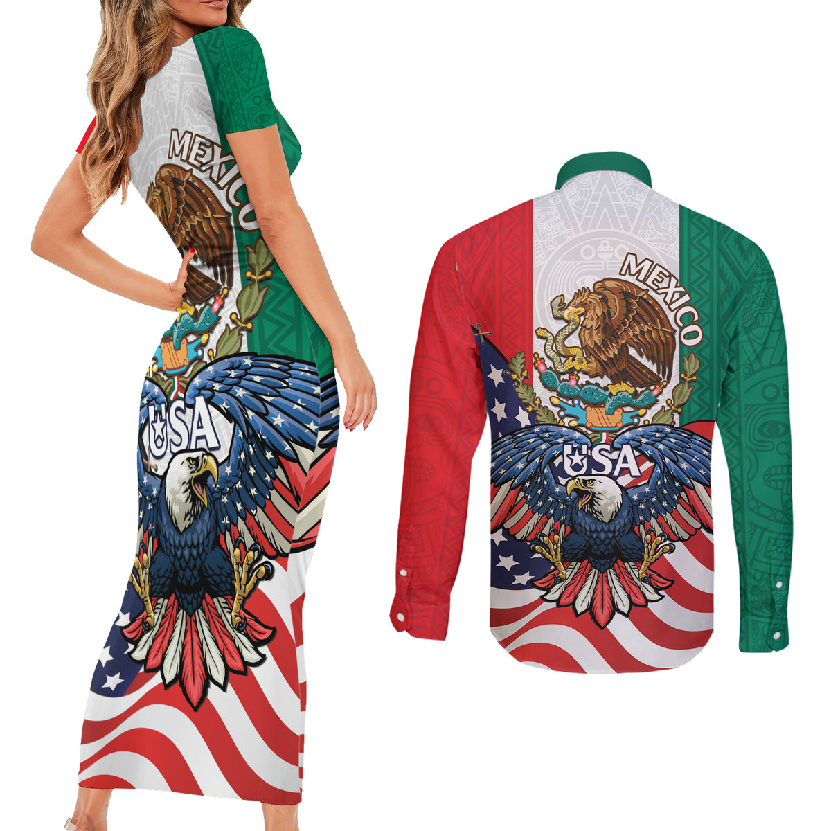 United States And Mexico Couples Matching Short Sleeve Bodycon Dress and Long Sleeve Button Shirt USA Eagle With Mexican Aztec - Wonder Print Shop