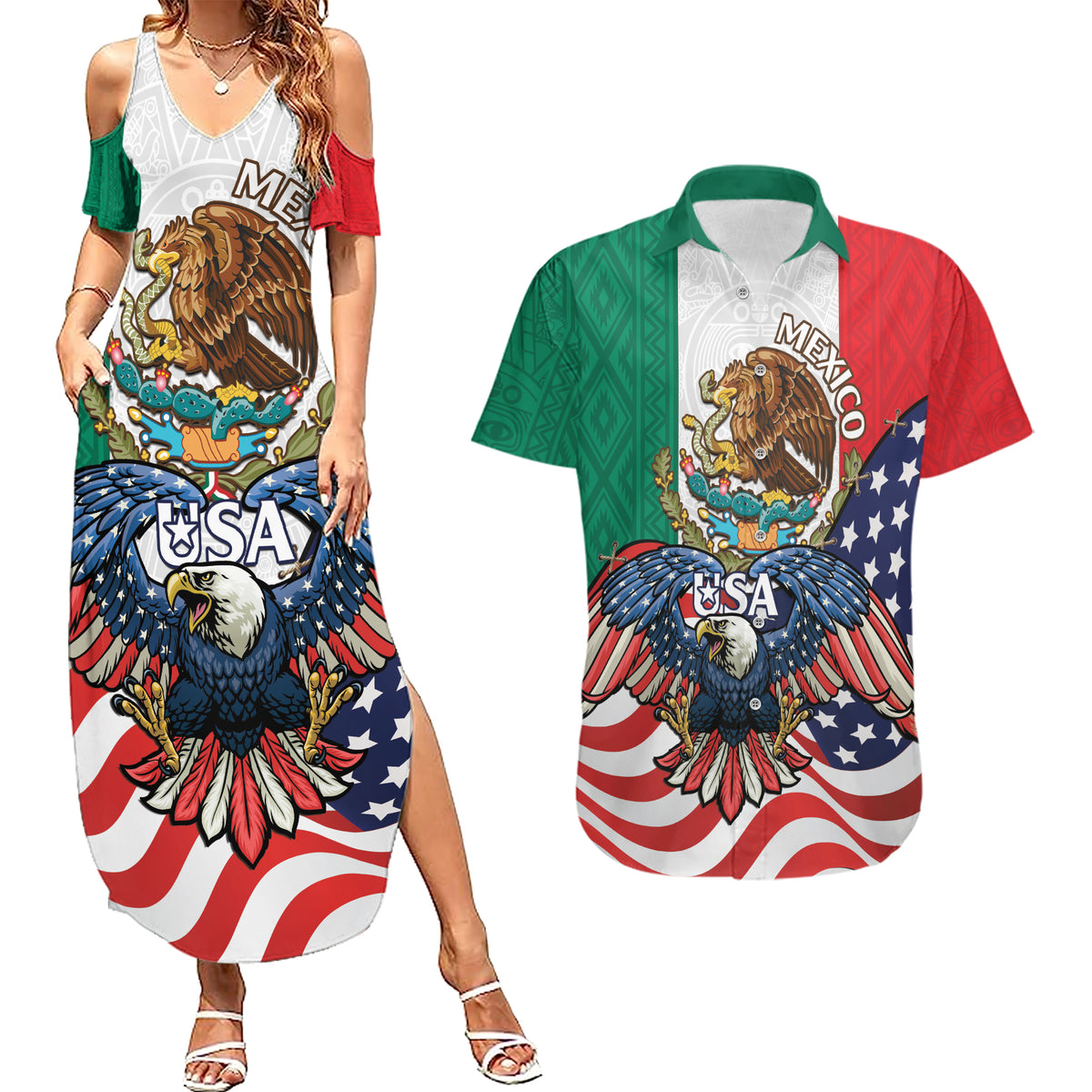 United States And Mexico Couples Matching Summer Maxi Dress and Hawaiian Shirt USA Eagle With Mexican Aztec - Wonder Print Shop