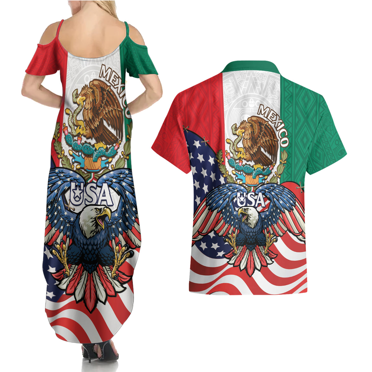United States And Mexico Couples Matching Summer Maxi Dress and Hawaiian Shirt USA Eagle With Mexican Aztec - Wonder Print Shop