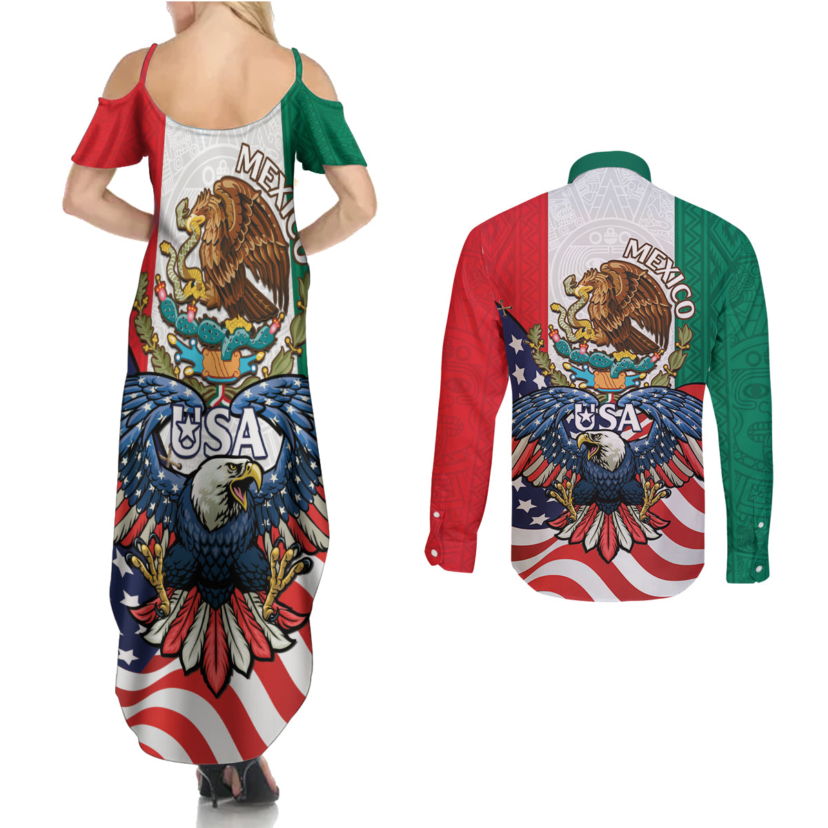 United States And Mexico Couples Matching Summer Maxi Dress and Long Sleeve Button Shirt USA Eagle With Mexican Aztec - Wonder Print Shop