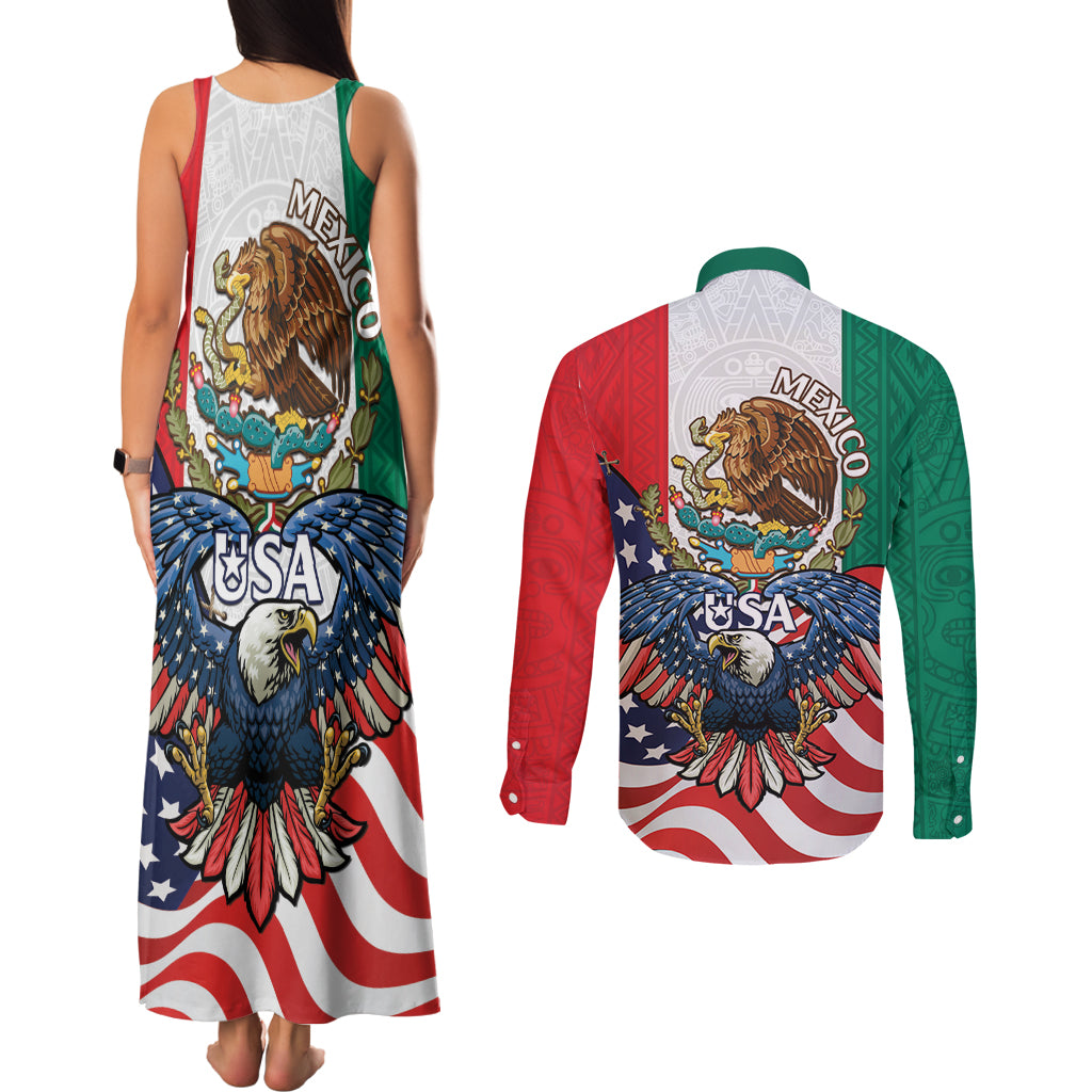 United States And Mexico Couples Matching Tank Maxi Dress and Long Sleeve Button Shirt USA Eagle With Mexican Aztec - Wonder Print Shop