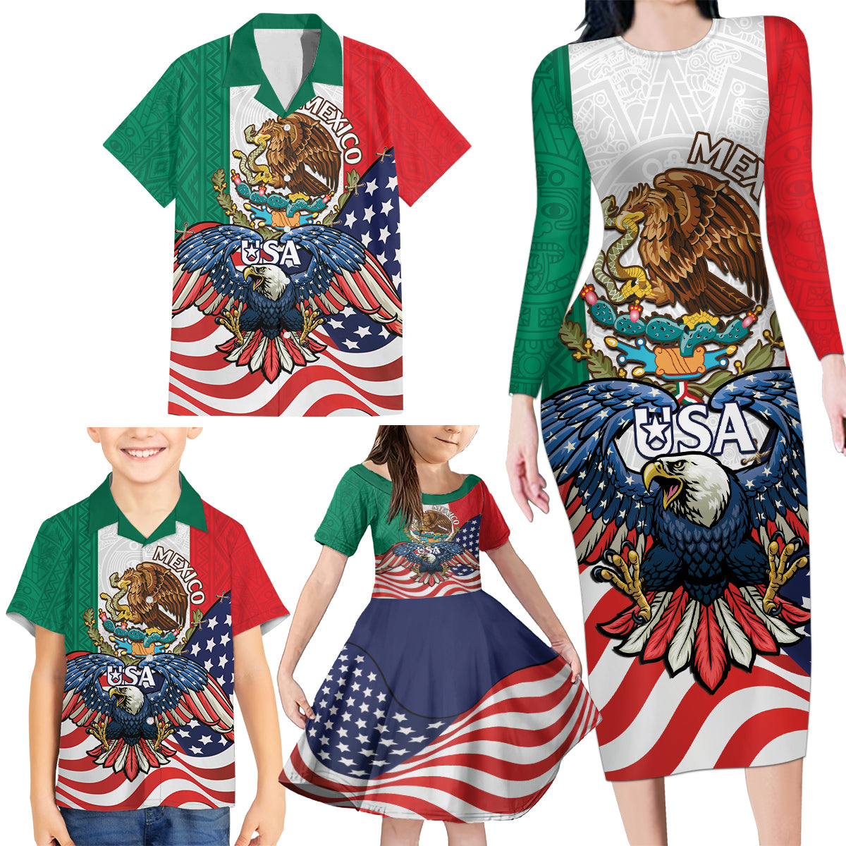 United States And Mexico Family Matching Long Sleeve Bodycon Dress and Hawaiian Shirt USA Eagle With Mexican Aztec - Wonder Print Shop