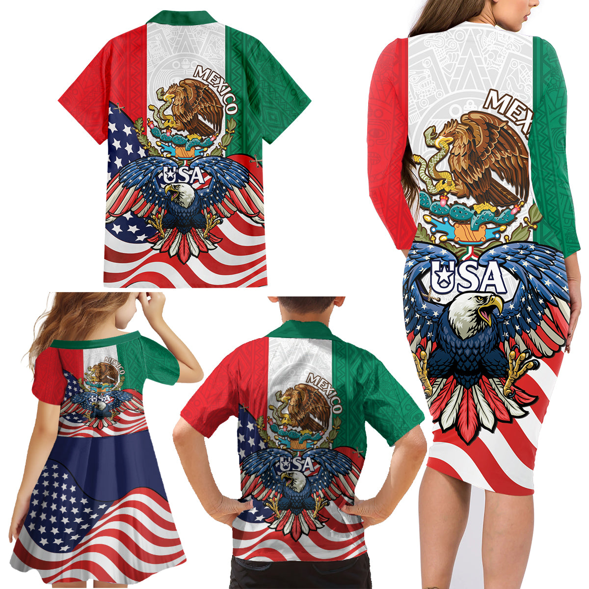 United States And Mexico Family Matching Long Sleeve Bodycon Dress and Hawaiian Shirt USA Eagle With Mexican Aztec - Wonder Print Shop