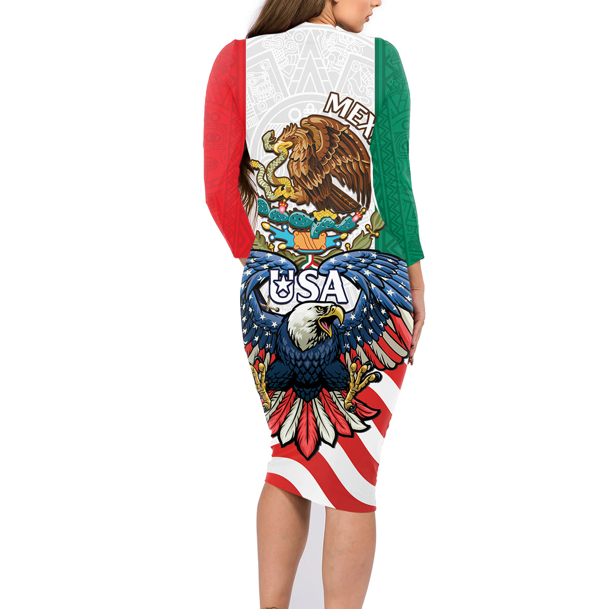 United States And Mexico Family Matching Long Sleeve Bodycon Dress and Hawaiian Shirt USA Eagle With Mexican Aztec - Wonder Print Shop