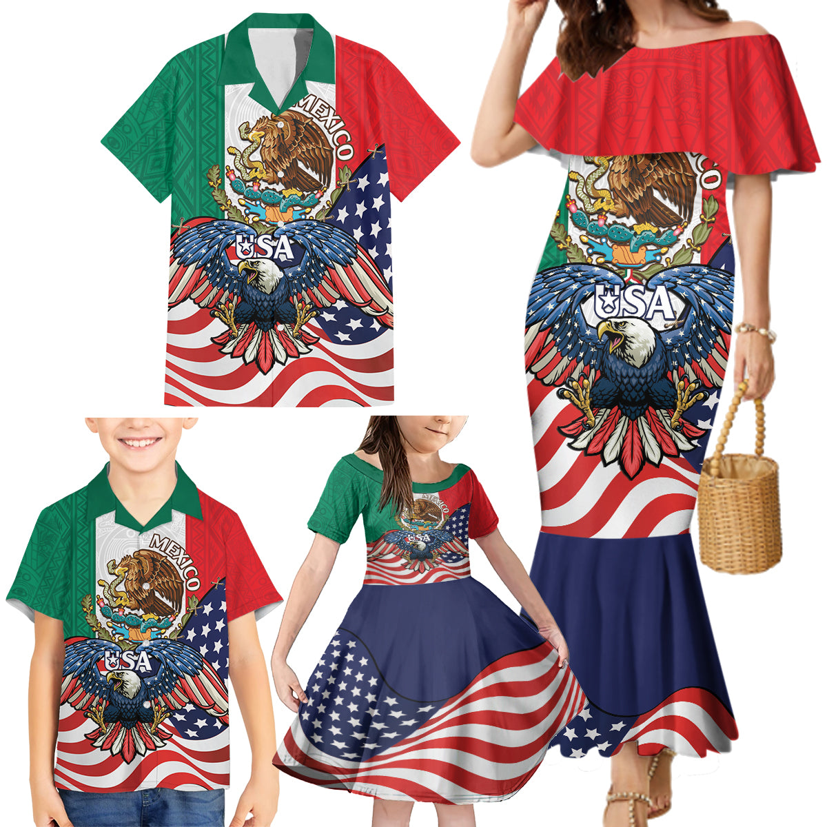 United States And Mexico Family Matching Mermaid Dress and Hawaiian Shirt USA Eagle With Mexican Aztec - Wonder Print Shop