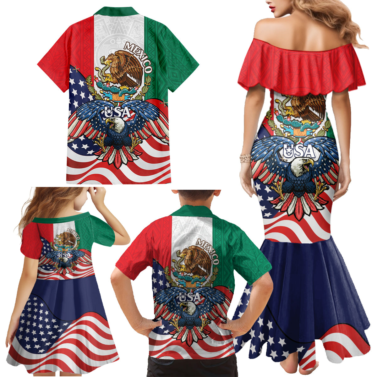 United States And Mexico Family Matching Mermaid Dress and Hawaiian Shirt USA Eagle With Mexican Aztec - Wonder Print Shop