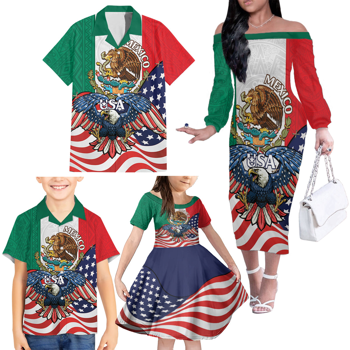 United States And Mexico Family Matching Off The Shoulder Long Sleeve Dress and Hawaiian Shirt USA Eagle With Mexican Aztec - Wonder Print Shop