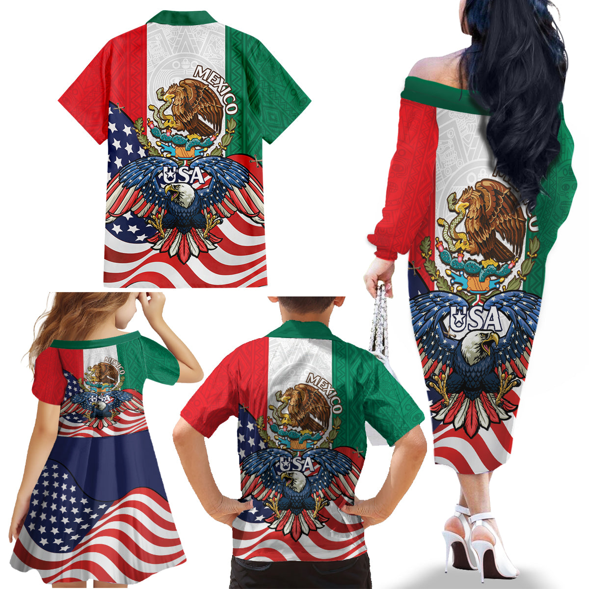 United States And Mexico Family Matching Off The Shoulder Long Sleeve Dress and Hawaiian Shirt USA Eagle With Mexican Aztec - Wonder Print Shop
