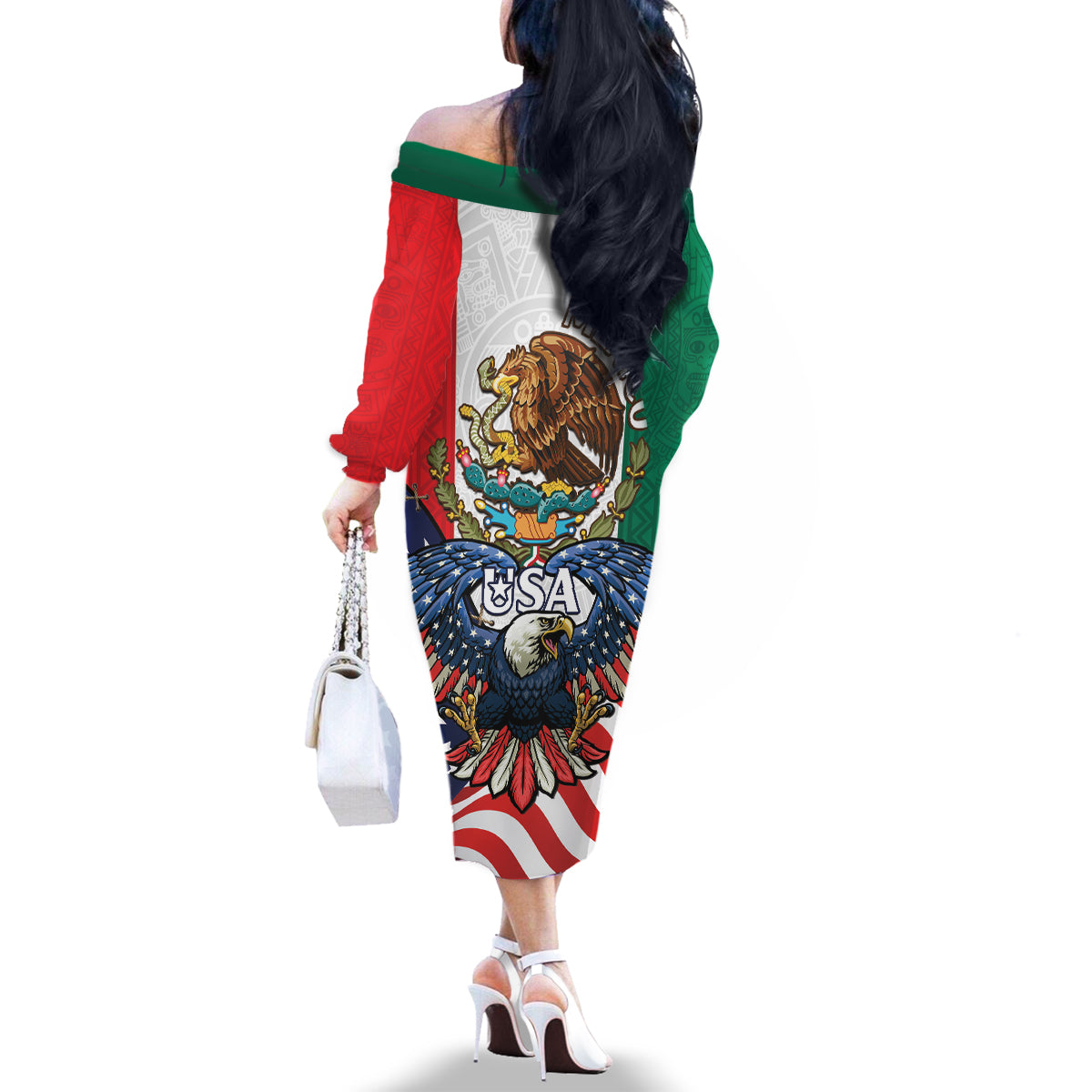 United States And Mexico Family Matching Off The Shoulder Long Sleeve Dress and Hawaiian Shirt USA Eagle With Mexican Aztec - Wonder Print Shop