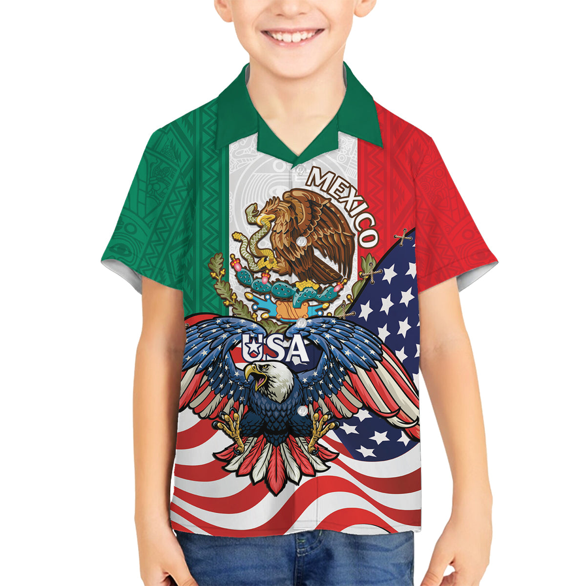 United States And Mexico Family Matching Off The Shoulder Long Sleeve Dress and Hawaiian Shirt USA Eagle With Mexican Aztec - Wonder Print Shop