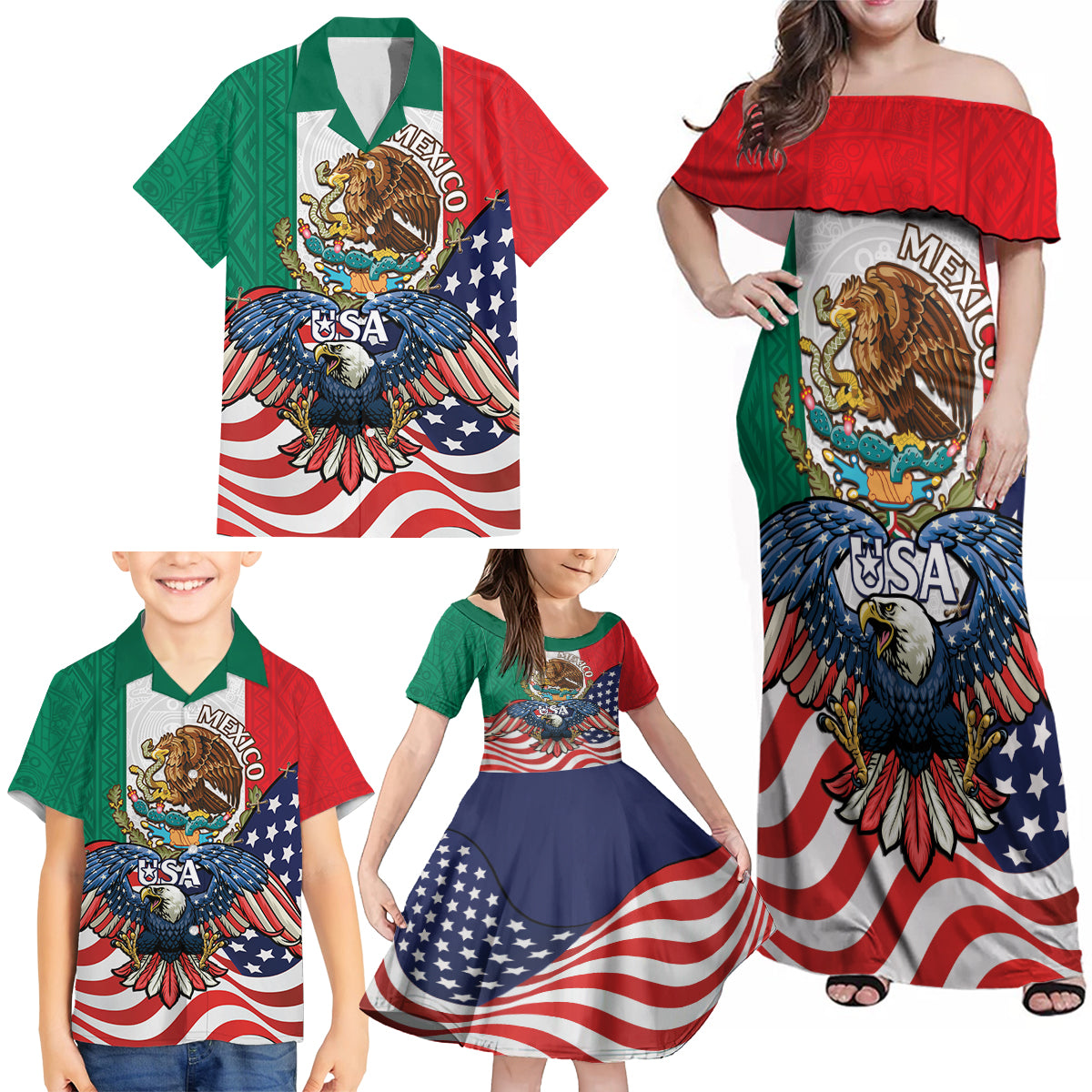 United States And Mexico Family Matching Off Shoulder Maxi Dress and Hawaiian Shirt USA Eagle With Mexican Aztec - Wonder Print Shop