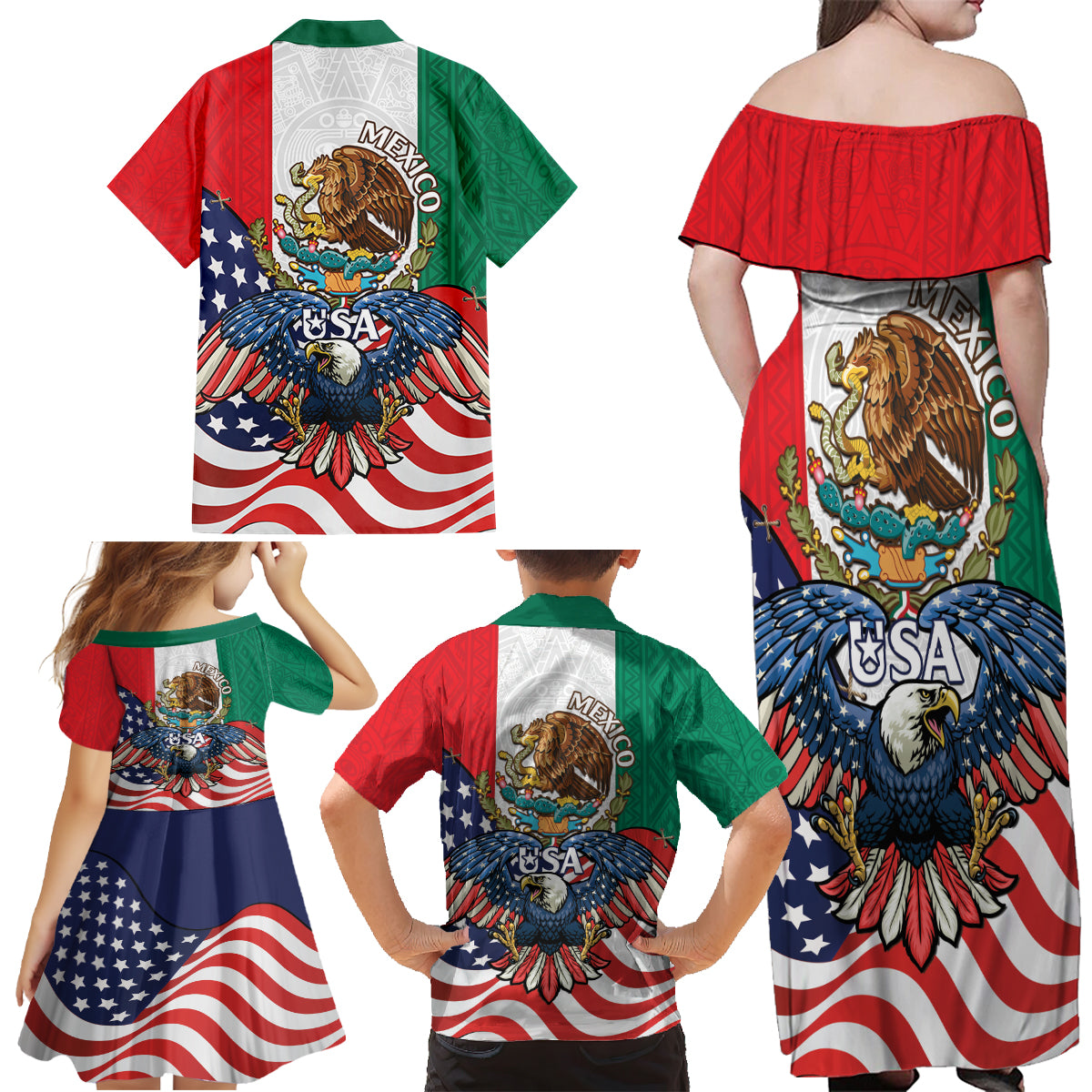 United States And Mexico Family Matching Off Shoulder Maxi Dress and Hawaiian Shirt USA Eagle With Mexican Aztec - Wonder Print Shop