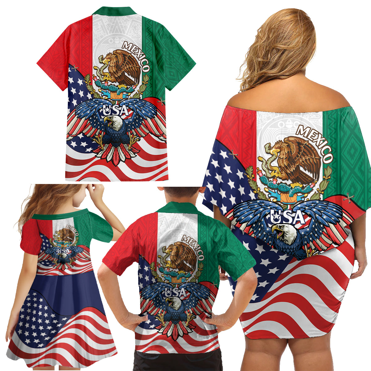 United States And Mexico Family Matching Off Shoulder Short Dress and Hawaiian Shirt USA Eagle With Mexican Aztec - Wonder Print Shop
